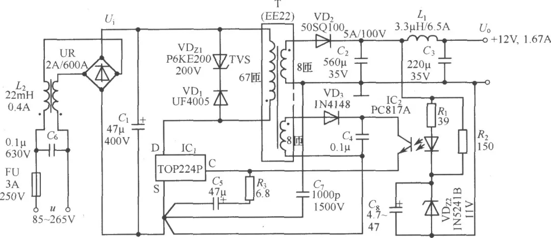 TOP224P構(gòu)成的12V、20W開關(guān)直流穩(wěn)壓電源電路